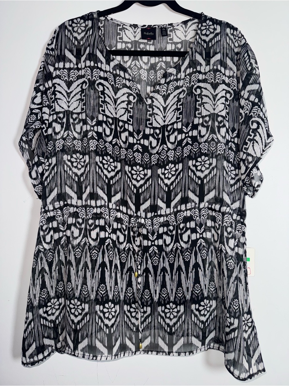 NWT Rafaella Black White Ikat Shimmer Sheer Blouse Large
